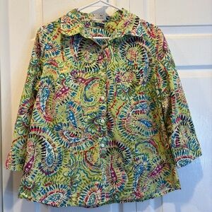 Van Heusen Green Paisley Print 3/4 Length Sleeve Button Up Top - Size Large